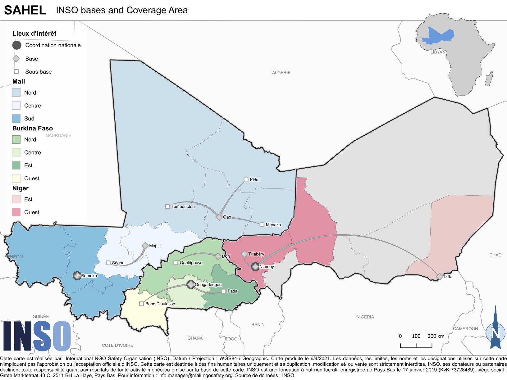 Map of Sahel showing INSO locations.