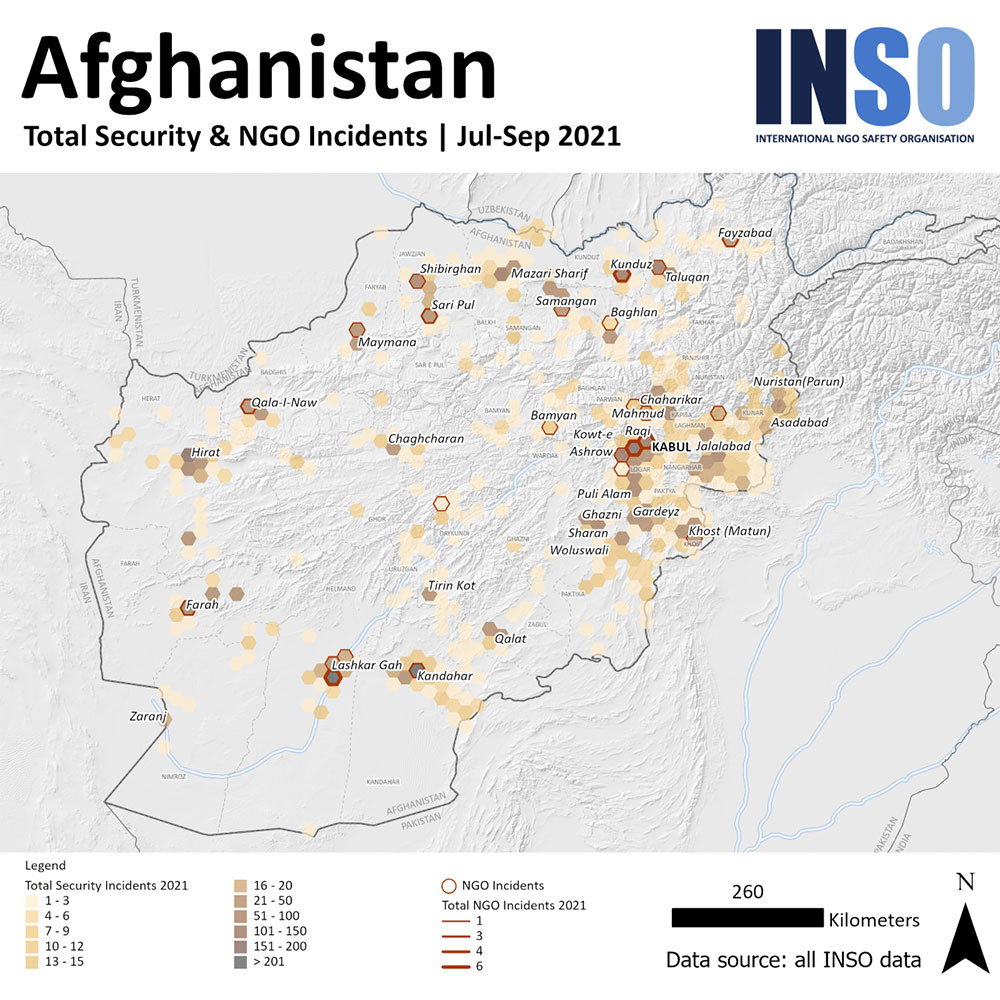 Chart showing distribution of conflict and NGO incidents recorded in Afghanistan between July and September 2021.
