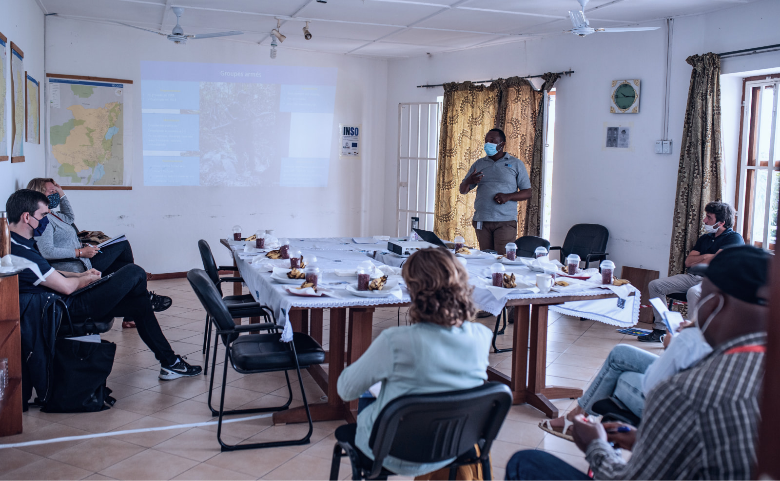 An INSO staff member facilitates a coordination meeting in Goma, DRC. Credit: O. Acland/INSO