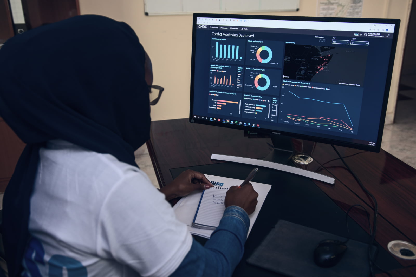 An INSO team member in Hargeisa analyses data from CHDC. Credit: H. Abdiraman/INSO