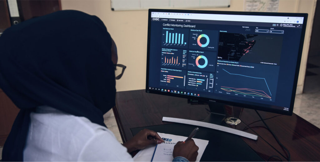 An INSO team member in Hargeisa analyses data from the Conflict and Humanitarian Data Centre. Credit: H. Abdiraman/INSO