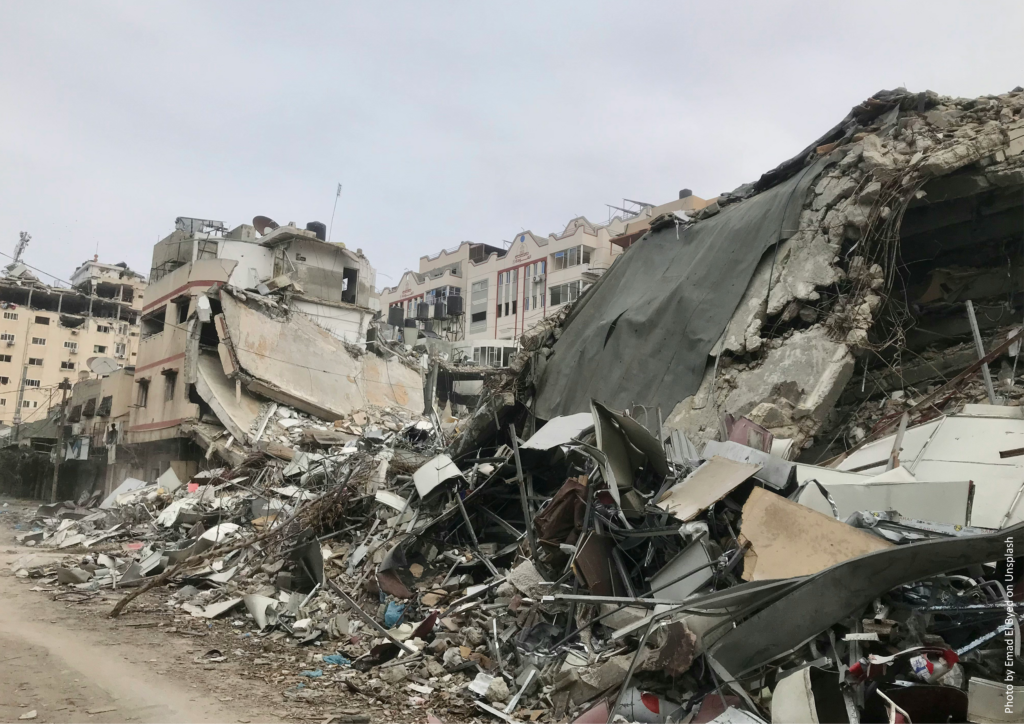 Rubble of bombed building in Gaza, Palestine.